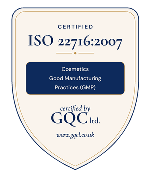 ISO 22716:2007 certified for cosmetics Good Manufacturing Practices, certified by GQC Ltd.