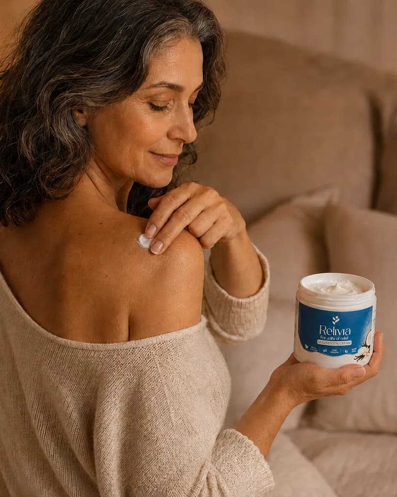 Scooping Relivia magnesium cream from the open jar onto fingertips in a bedroom at dusk