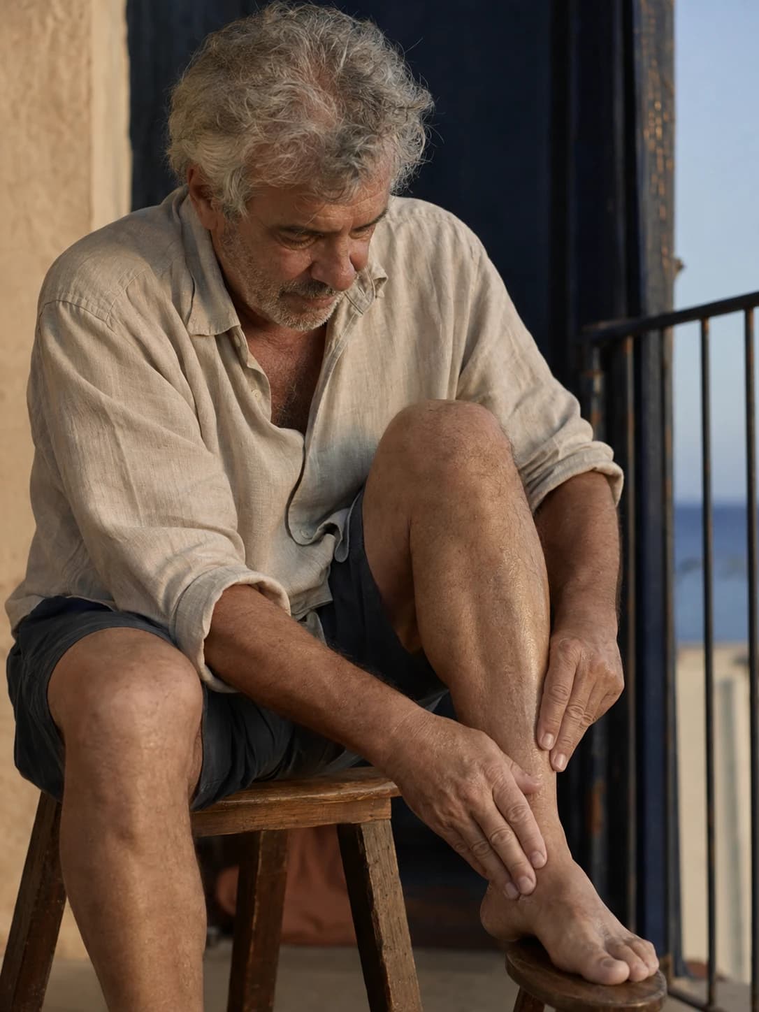 A man working the cream into his calf on a balcony at the end of the day
