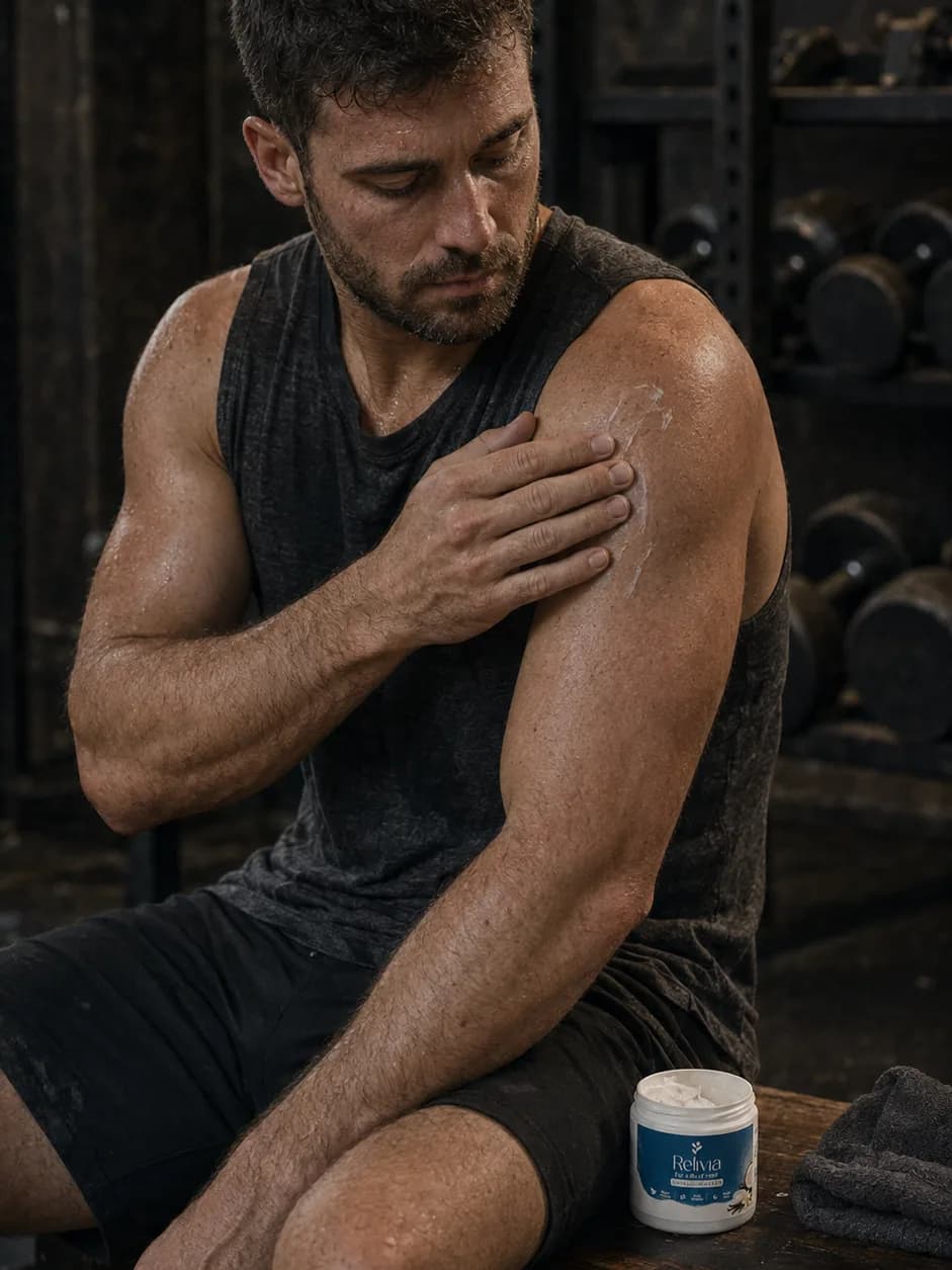 The cream worked into a shoulder after training, the Relivia jar on the gym bench