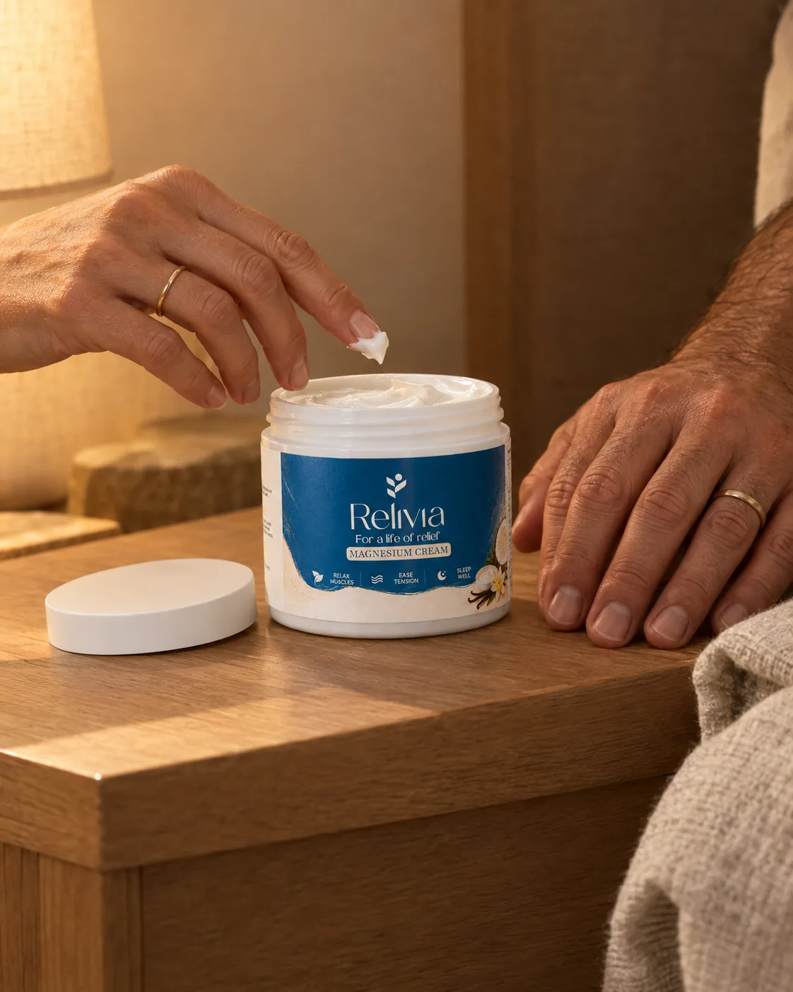 An open jar on a bedside table in lamplight, a fingertip lifting a dab of cream