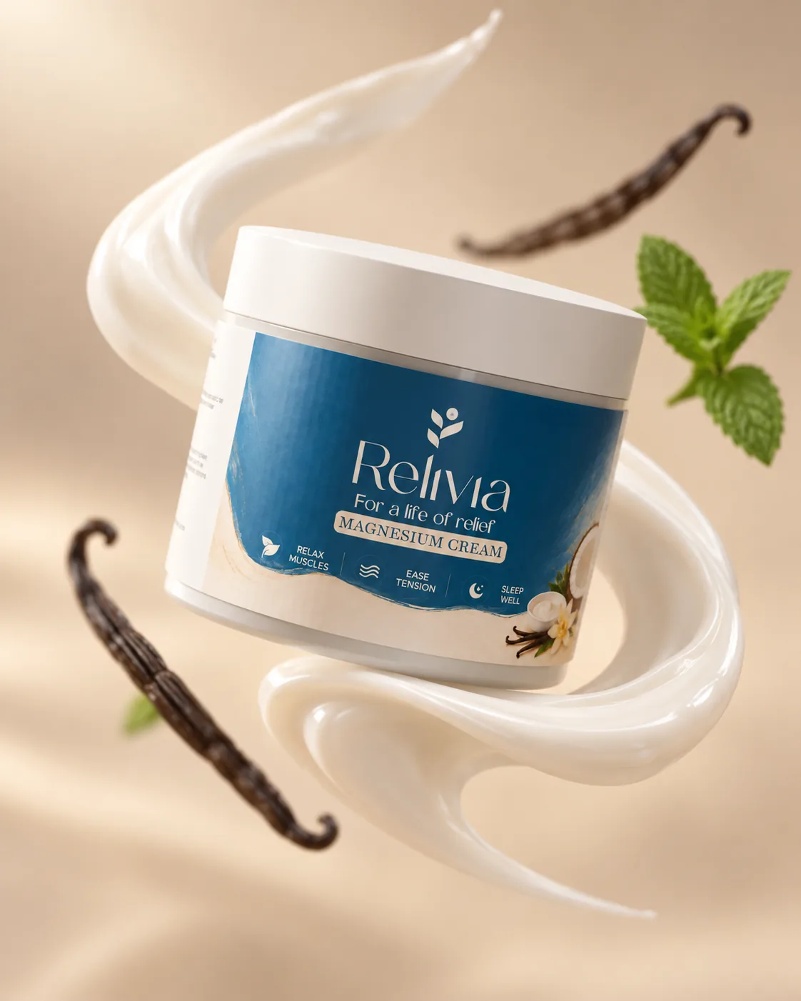 The jar wrapped in a ribbon of cream, with vanilla pods and a sprig of mint
